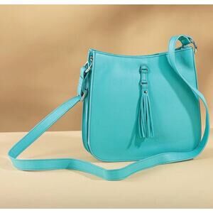 ili New York Turquoise Genuine Leather Tassel RFID Block Feed Crossbody Bag NWT
